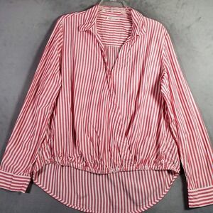 Beach Lunch Lounge Top Womens L Red Stripe High Low Faux‎ Wrap Long Sleeve Boho